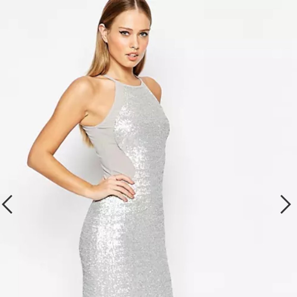 TFNC High Neck Mesh Panel Silver Sequin Midi Dress